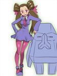  blush breasts brown_hair gen_3_pokemon gym_leader hair_ornament hair_pulled_back long_hair medium_breasts nosepass pantyhose pink_legwear pokemon pokemon_(creature) pokemon_(game) pokemon_rse purple_eyes shoes smile tsutsuji_(pokemon) twintails zaitsu 