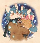  1boy 1girl artist_request blue_hair dog father_and_daugther furry long_hair scarf winter_costume 