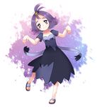  acerola_(pokemon) armlet blue_eyes dress elite_four flat_chest flipped_hair full_body hair_ornament konna_e_oritore leaning_to_the_side leg_up pokemon pokemon_(game) pokemon_sm purple_hair sandals short_hair simple_background smile solo standing standing_on_one_leg stitches topknot torn_clothes torn_dress trial_captain 