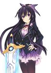  absurdres aria_(schwarza97rw0rd) black_hair breasts cleavage date_a_live highres long_hair looking_at_viewer medium_breasts open_mouth pantyhose ponytail purple_eyes purple_hair ribbon smile solo sword very_long_hair weapon yatogami_tooka 