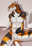  anthro balls black_fur black_penis erection fleki fur looking_at_viewer male multi_penis muscular muscular_male nude orange_fur pecs penis sabin_darkstone sergal sharp_teeth smile solo spread_legs spreading striped_fur stripes teeth white_fur yellow_eyes 