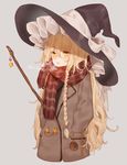  artist_name black_hat blonde_hair blush bow braid breath broom buttons charm_(object) coat cowboy_shot eyebrows eyebrows_visible_through_hair eyes_visible_through_hair frilled_hat frills grey_background hair_bow hair_ornament hair_tie hajin hands_in_pockets hat hat_bow highres kirisame_marisa long_braid long_hair long_sleeves messy_hair mini-hakkero parted_lips plaid plaid_scarf scarf side_braid simple_background single_braid solo steam touhou very_long_hair white_bow winter_clothes winter_coat witch_hat yellow_eyes 