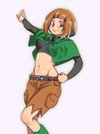 belt blush boots breasts brown_eyes brown_hair capelet green_capelet green_footwear gym_leader medium_breasts midriff natane_(pokemon) navel pants pokemon pokemon_(game) pokemon_dppt short_hair simple_background smile solo zaitsu 
