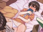  1girl bed blush bokura_wa_minna_kawaisou book book_stack book_to_mouth brown_hair censored covering_mouth cum cum_in_pussy dress dress_lift falling full-face_blush hetero holding holding_book kawai_ritsu looking_at_another lying missionary navel on_back on_bed orange_dress panties panties_aside pillow puffy_short_sleeves puffy_sleeves purple_eyes sex short_hair short_sleeves solo_focus sweatdrop underwear vaginal white_panties yumoteliuce 