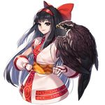  ainu_clothes bird black_hair bow brown_eyes commentary_request falconry fingerless_gloves gloves hair_bow hair_ribbon hairband hawk long_hair mamahaha nakoruru red_bow ribbon samurai_spirits smile snk solo sword the_king_of_fighters the_king_of_fighters_xiv transparent_background very_long_hair weapon yamijam 