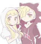  1girl blonde_hair brother_and_sister gladio_(pokemon) green_eyes hair_over_one_eye hood hood_up hoodie lillie_(pokemon) long_hair pokemon pokemon_(game) pokemon_sm short_hair siblings simple_background torn_clothes ukata upper_body white_background 