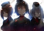  backlighting bangs blue_eyes blurry breasts brown_hair collared_shirt commentary depth_of_field double-breasted expressionless eyebrows eyebrows_visible_through_hair garrison_cap girls_und_panzer hat iron_cross isshiki_(ffmania7) itsumi_erika kuromorimine_military_uniform light light_frown looking_at_viewer medium_breasts military military_uniform multiple_girls nishizumi_maho nishizumi_miho red_eyes red_shirt shirt short_hair silver_hair uniform upper_body 