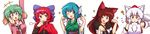  5girls :d ;d =3 ? adjusting_collar animal_ears arm_behind_head arm_up armpits bangs bare_shoulders black_shirt blue_bow blue_eyes blue_hair blush bow breasts brooch brown_hair cape clenched_hands collarbone detached_sleeves dog_ears dress eyebrows eyebrows_visible_through_hair fang fingernails flying_sweatdrops grass_root_youkai_network green_hair hair_bow hat head_fins highres imaizumi_kagerou inubashiri_momiji japanese_clothes jewelry kasodani_kyouko kimono long_hair long_image long_sleeves looking_at_viewer looking_away medium_breasts mermaid monster_girl multiple_girls nail_polish obi odd_one_out one_eye_closed open_mouth parted_lips paw_pose pink_shirt pom_pom_(clothes) red_eyes red_hair red_nails ringlets sash sekibanki sharp_fingernails shirt short_hair simple_background sleeveless sleeveless_shirt smile sparkle sweat tokin_hat touhou upper_body v-shaped_eyebrows wakasagihime white_background white_hair wide_image wide_sleeves wolf_ears wool_(miwol) 