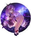  amethyst arm_strap black_gloves chloe_von_einzbern crystal earrings fate/kaleid_liner_prisma_illya fate_(series) feathers flower gem gloves hair_feathers high_heels highres illyasviel_von_einzbern jewelry long_hair mary_janes multiple_girls purple red_eyes red_flower red_rose rose shoes shou_xian_wu sky solo_focus star star_(sky) starry_background starry_sky thigh_strap white_hair 