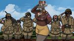  anthro armor beauty_mark big_breasts black_nose breasts brown_fur canine cleavage clothed clothing dog donkey equine female fur grey_hair gun hair half-closed_eyes helmet hladilnik horse male mammal military pink_nose pouch ranged_weapon salute smile weapon 