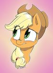  2016 applejack_(mlp) blonde_hair dilarus earth_pony equine female feral freckles friendship_is_magic fur green_eyes hair horse mammal my_little_pony orange_fur pink_background pony portrait simple_background solo 