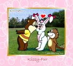  &lt;3 anthro bear beaver beehonie_(character) blue_eyes blush bubble cute female kissing kissyfur kissyfur_(character) kissyfur_(tv_series) lagomorph live_action love lovecapture_(artist) male mammal pink_background rabbit rodent simple_background smile 