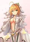  ahoge belt blonde_hair blush breasts bridal_veil center_opening cleavage collarbone commentary cowboy_shot fate/extra fate/extra_ccc fate_(series) feathers flower frilled_skirt frills gloves gradient gradient_background green_eyes hair_between_eyes hair_ornament hand_on_own_chest highres kazuha_(saku_kn) large_breasts leaf leaf_hair_ornament lock looking_at_viewer navel nero_claudius_(bride)_(fate) nero_claudius_(fate)_(all) open_mouth padlock petals pink_background skirt solo unzipped veil white_background white_flower white_gloves 