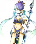  1girl blue_hair boots breasts cleavage gloves hair_bun hair_ornament judith midriff multicolored_hair navel pointy_ears red_eyes skirt smile spear tales_of_(series) tales_of_vesperia weapon 