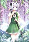  bangs black_bow black_hairband black_ribbon blue_eyes blunt_bangs blurry bow buttons closed_mouth collared_shirt depth_of_field expressionless feet_out_of_frame flower frilled_skirt frills gakuon_(gakuto) ghost glint grass green_skirt green_vest hair_ribbon hairband hitodama holding holding_sword holding_weapon knees_together konpaku_youmu konpaku_youmu_(ghost) looking_at_viewer outdoors petals puffy_short_sleeves puffy_sleeves ribbon scabbard sheath sheathed shirt short_hair short_sleeves silver_hair skirt skirt_set solo sparkle sword tassel touhou vest wakizashi weapon white_shirt wisteria 