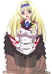  blonde_hair blue_eyes blue_hairband blush cecilia_alcott drill_hair hairband highres infinite_stratos lifted_by_self long_hair looking_at_viewer mud onsen_tengoku open_mouth pantyhose school_uniform skirt skirt_lift solo 