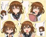  &gt;_&lt; :d black_legwear blush brown_hair chibi closed_eyes commentary_request crying crying_with_eyes_open fang hair_ornament hairclip ikazuchi_(kantai_collection) kantai_collection looking_at_viewer multiple_views neckerchief open_mouth red_neckwear school_uniform serafuku serakoutarou short_hair smile tears translated tray xd 