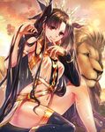  animal anklet armlet bare_shoulders black_hair black_legwear bracelet commentary_request crown earrings fate/grand_order fate_(series) hair_ornament hair_ribbon hoop_earrings ishtar_(fate/grand_order) jewelry lion long_hair long_legs looking_at_viewer neck_ring pelvic_curtain red_eyes ribbon single_thighhigh smile solo thighhighs thighlet tsurumura_ichiru two_side_up very_long_hair 