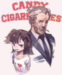  1boy 1girl beard black_hair black_neckwear blue_eyes candy candy_&amp;_cigarettes child cigarette copyright_name facial_hair food grey_hair hair_ornament hairclip heart highres hiraga_raizou jikan_hakushaku lollipop looking_at_viewer necktie old_man shirt short_sleeves side_ponytail smile smoking suzukaze_miharu t-shirt upper_body 