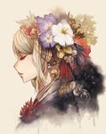  bangs blonde_hair bow branch closed_eyes earrings eyelashes flower food frilled_bow frills fruit hair_bow hair_bun hair_flower hair_fruit hair_ornament hair_ribbon highres japanese_clothes jewelry kimono kuroduki_(pieat) leaf original parted_lips plant profile red_bow red_ribbon ribbon solo upper_body 