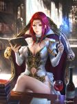  1girl alcohol armor book bookshelf breasts cleavage cup curtains detached_collar detached_sleeves dress drinking_glass glasses holding holding_book holding_wand large_breasts legend_of_the_cryptids legs_crossed long_hair looking_at_viewer mage multicolored_hair navel navel_cutout panties paper pen pink_lips purple_eyes purple_hair red_hair rimless_eyewear shuichi_wada side-tie_panties spell sunlight table underwear wand white_dress window wine wine_glass 