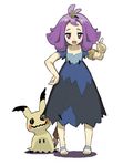  :3 :d acerola_(pokemon) armlet collarbone dress elite_four flat_chest flipped_hair full_body gen_7_pokemon green322 hair_ornament hand_on_hip mimikyu open_mouth pokemon pokemon_(creature) pokemon_(game) pokemon_sm purple_eyes purple_hair sandals short_hair simple_background smile solo standing stitches topknot torn_clothes torn_dress trial_captain white_background 