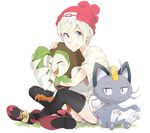  animal_ears bird black_legwear cat cat_ears closed_eyes cosplay dartrix fangs fangs_out gen_1_pokemon gen_7_pokemon grass green_eyes grin hat highres kofunami_nana meowth mizuki_(pokemon) owl pokemon pokemon_(game) pokemon_sm shirt sitting smile socks t-shirt thighhighs white_background white_hair 