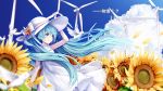  1girl absurdres anniversary aqua_eyes aqua_hair bangs bird blue_sky blurry_foreground bow character_name cloud commentary dove dress eyebrows_visible_through_hair field flower flower_bracelet flower_field from_side hand_on_headwear hat hat_bow hatsune_miku highres large_hat long_hair nishina_hima petals sky smile sparkling_eyes sundress sunflower twintails very_long_hair vocaloid white_dress white_hat wind wind_turbine windmill 