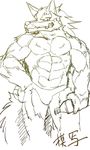  biceps bottle bulge canine clothing fur furry_tail hair hatake invalid_tag japanese japanese_text looking_at_viewer male mammal muscular pecs pointy_ears pose quads sharp_teeth simple_background sixpack sketch smile smirk snout solo teeth text translation_request underwear 