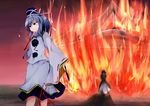  arson blue_eyes blue_hat brown_hair burning commentary_request fire gradient_hair grey_hair hat highres hijiri_byakuren holding japanese_clothes kariginu layered_clothing long_hair mononobe_no_futo multicolored_hair multiple_girls myouren_temple pom_pom_(clothes) ponytail purple_hair shaded_face short_hair shou_(ahiru_shinobu) skirt smug tate_eboshi torch touhou two-tone_hair wide_sleeves 