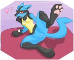  &lt;3 2015 3_fingers 3_toes ? anthro anthrofied anus bed black_fur blue_fur blush breasts canine clitoris eyelashes fangs featureless_breasts feet female fur hand_on_thigh inviting kalama looking_at_viewer lucario lying mammal navel nintendo nude open_mouth pawpads pok&eacute;mon pok&eacute;morph presenting presenting_pussy purple_background pussy raised_leg red_eyes simple_background small_breasts solo spikes spread_legs spreading teeth toes tongue video_games white_background yellow_fur 