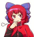  =3 adjusting_collar black_shirt blue_bow bow cape eyebrows eyebrows_visible_through_hair hair_bow long_sleeves looking_away parted_lips red_eyes red_hair sekibanki shirt short_hair simple_background smile smug solo touhou upper_body white_background wool_(miwol) 