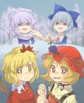  aki_minoriko aki_shizuha autumn_leaves bangs blonde_hair blue_dress blue_eyes blue_hair blush bow check_commentary choker cirno collared_shirt commentary_request day dress forest grey_sky hair_between_eyes hair_bow hair_ornament hat hat_ornament highres holding_hands interlocked_fingers laughing lavender_hair leaf leaf_hair_ornament letty_whiterock long_sleeves looking_at_viewer mob_cap multiple_girls nature nose_blush open_mouth pointing polearm red_dress red_eyes ribbon ribbon_choker sasa_kichi scarf shaded_face shirt short_hair siblings sisters snow tearing_up touhou trident troll_face watery_eyes wavy_mouth weapon white_scarf white_shirt yellow_eyes yellow_shirt 