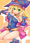  bare_shoulders blonde_hair blue_footwear blush blush_stickers boots breasts choker cleavage dark_magician_girl duel_monster green_eyes hat ico_(green_bullet) large_breasts long_hair open_mouth pentacle smile solo staff wizard_hat yuu-gi-ou yuu-gi-ou_duel_monsters 