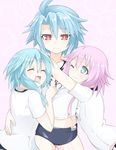  blue_buruma blue_hair buruma gym_uniform highres long_hair looking_at_viewer multiple_girls neptune_(series) niwaka_potato one_eye_closed pink_hair power_symbol red_eyes short_hair_with_long_locks sidelocks smile symbol-shaped_pupils white_heart white_sister_ram white_sister_rom 