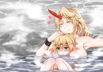  alternate_hairstyle arm_support bangs blonde_hair blush breasts closed_eyes collarbone ear_blush embarrassed fang_out green_eyes hand_on_head heart highres hoshiguma_yuugi kumeringo_touho large_breasts long_hair mizuhashi_parsee multiple_girls nude onsen outstretched_arm parted_bangs partially_submerged petting pointy_ears ponytail sitting spoken_heart spread_legs stone_floor touhou water wavy_mouth wrist_cuffs yuri 