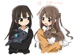  alternate_color animal black_hair brown_eyes brown_hair cardigan color_connection commentary_request eevee eyebrows eyebrows_visible_through_hair gen_1_pokemon gen_2_pokemon green_eyes holding holding_animal holding_pokemon idolmaster idolmaster_cinderella_girls iwashi_(ankh) long_hair long_sleeves looking_at_another multiple_girls one_side_up open_mouth pokemon pokemon_(creature) school_uniform shibuya_rin shimamura_uzuki shiny_pokemon translation_request umbreon upper_body 