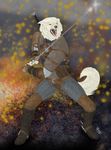 anthro armor canine clothed clothing fur geralt_of_rivia holding_object holding_weapon mammal melee_weapon solo sword the_witcher video_games weapon white_fur wolf 