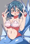  blue_eyes blue_hair blush breasts bwell double_v drill_hair head_fins highres large_breasts mermaid monster_girl seashell_bra shell shell_bikini solo touhou v wakasagihime 