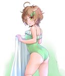  ass brown_eyes brown_hair casual_one-piece_swimsuit cowboy_shot frilled_swimsuit frills from_behind green_swimsuit hibike!_euphonium highres kanabun kawashima_sapphire one-piece_swimsuit short_hair solo standing standing_on_one_leg swimsuit towel 