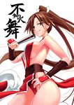  breasts brown_hair cleavage closed_fan fan fatal_fury folding_fan highres japanese_clothes kod0415 large_breasts ninja pelvic_curtain ponytail revealing_clothes shiranui_mai sideboob solo the_king_of_fighters the_king_of_fighters_xiv 