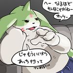  arm_support big_ears clothed clothing dialogue digimon front_view gargomon hisashino horn japanese_text lagomorph leaning_on_elbow male mammal open_mouth overweight overweight_male sitting sofa solo speech_bubble text topless translation_request 