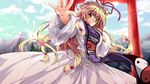  \||/ blonde_hair blue_sky cloud day dress hat hat_ribbon long_hair looking_at_viewer low-tied_long_hair mob_cap mountain nanase_nanami orange_eyes outdoors outstretched_arms ribbon sky smile solo spread_arms sunburst tabard torii touhou very_long_hair white_dress wind yakumo_yukari yin_yang 