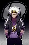  ahoge bracelet eyewear_on_head guzma_(pokemon) jewelry kiritani846 male_focus necklace pokemon pokemon_(game) pokemon_sm solo sunglasses tattoo team_skull white_hair 