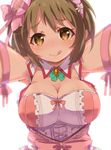  arms_up breasts brown_eyes brown_hair cleavage collar flower hair_flower hair_ornament heart heart-shaped_pupils idolmaster idolmaster_cinderella_girls large_breasts licking_lips mimura_kanako renoa_yu smile solo symbol-shaped_pupils tongue tongue_out 