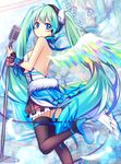  7th_dragon_(series) 7th_dragon_2020 black_legwear blue_eyes character_name from_side green_hair hatsune_miku hecha_(swy1996228) high_heels highres long_hair looking_at_viewer microphone microphone_stand skirt solo thighhighs twintails very_long_hair vocaloid wings 