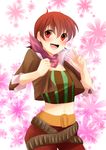  1girl belt blush breasts flower iria_animi jacket midriff navel open_mouth pants red_eyes red_hair scarf short_hair tales_of_(series) tales_of_innocence 