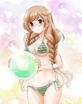  1girl ball beachball bespectacled bikini blush braid breasts brown_hair erect_nipples glasses kantai_collection minegumo_(kantai_collection) rainbow_bikini red_eyes see-through side-tie_bikini smile solo string_bikini swimsuit tachibana_hiroki twin_braids 