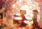  aki_minoriko aki_shizuha ankh_order autumn_leaves blonde_hair dappled_sunlight food fruit grapes hair_ornament hat highres holding_hands leaf leaf_hair_ornament leaf_on_head long_sleeves looking_at_viewer maple_leaf mob_cap multiple_girls open_mouth red_eyes red_hat red_skirt red_vest short_hair siblings sisters skirt skirt_set sunlight touhou tree tree_shade vest 