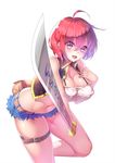  ahoge bangs belt blue_shorts breasts covered_nipples cutoffs denim denim_shorts fang guohua hair_between_eyes highres large_breasts looking_at_viewer micro_shorts navel open_mouth purple_eyes red_eyes red_hair short_shorts shorts simple_background smile solo sword thigh_strap weapon white_background 